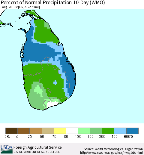 Sri Lanka Percent of Normal Precipitation 10-Day (WMO) Thematic Map For 8/26/2022 - 9/5/2022