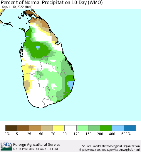 Sri Lanka Percent of Normal Precipitation 10-Day (WMO) Thematic Map For 9/1/2022 - 9/10/2022