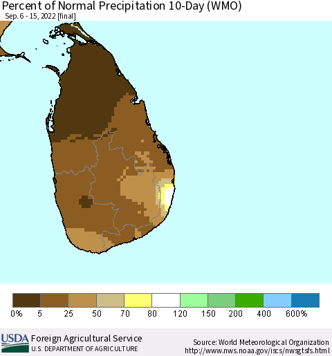 Sri Lanka Percent of Normal Precipitation 10-Day (WMO) Thematic Map For 9/6/2022 - 9/15/2022