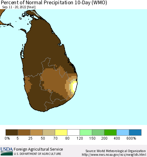 Sri Lanka Percent of Normal Precipitation 10-Day (WMO) Thematic Map For 9/11/2022 - 9/20/2022