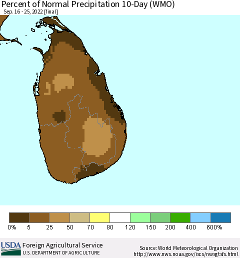 Sri Lanka Percent of Normal Precipitation 10-Day (WMO) Thematic Map For 9/16/2022 - 9/25/2022