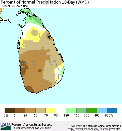 Sri Lanka Percent of Normal Precipitation 10-Day (WMO) Thematic Map For 9/21/2022 - 9/30/2022