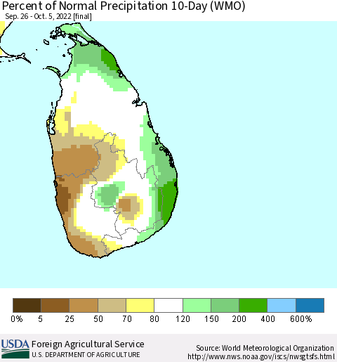 Sri Lanka Percent of Normal Precipitation 10-Day (WMO) Thematic Map For 9/26/2022 - 10/5/2022