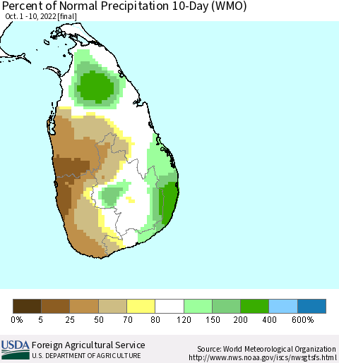 Sri Lanka Percent of Normal Precipitation 10-Day (WMO) Thematic Map For 10/1/2022 - 10/10/2022