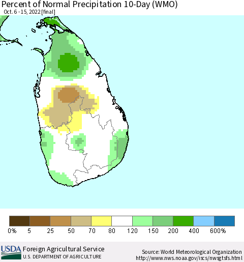 Sri Lanka Percent of Normal Precipitation 10-Day (WMO) Thematic Map For 10/6/2022 - 10/15/2022
