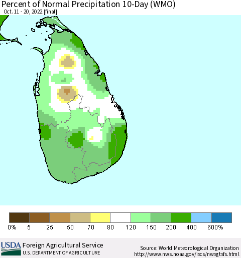 Sri Lanka Percent of Normal Precipitation 10-Day (WMO) Thematic Map For 10/11/2022 - 10/20/2022
