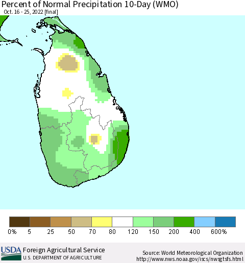 Sri Lanka Percent of Normal Precipitation 10-Day (WMO) Thematic Map For 10/16/2022 - 10/25/2022