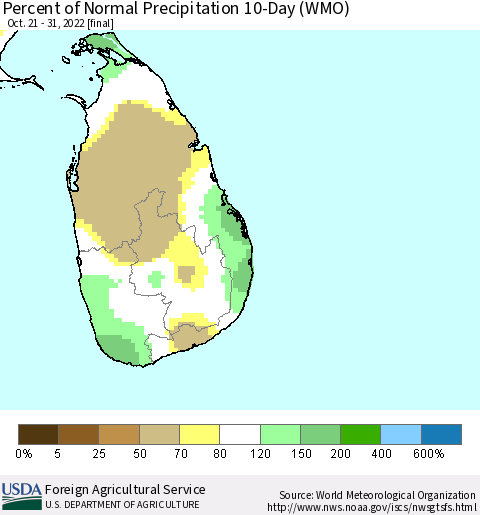Sri Lanka Percent of Normal Precipitation 10-Day (WMO) Thematic Map For 10/21/2022 - 10/31/2022