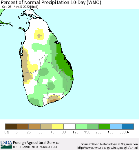 Sri Lanka Percent of Normal Precipitation 10-Day (WMO) Thematic Map For 10/26/2022 - 11/5/2022