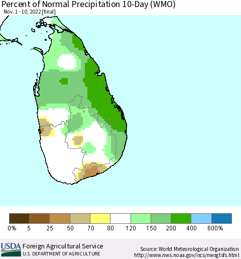 Sri Lanka Percent of Normal Precipitation 10-Day (WMO) Thematic Map For 11/1/2022 - 11/10/2022
