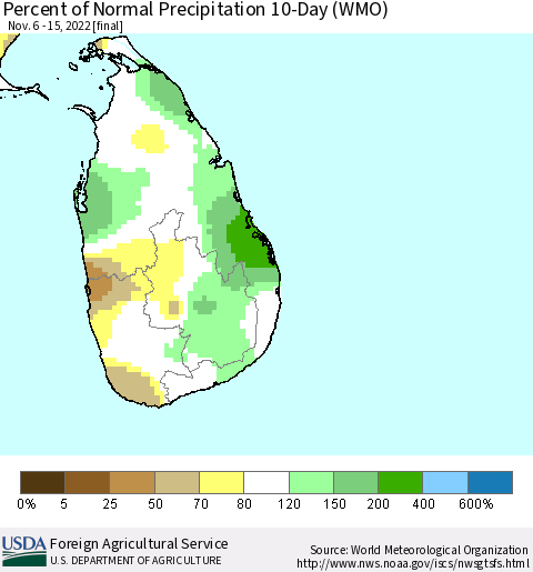Sri Lanka Percent of Normal Precipitation 10-Day (WMO) Thematic Map For 11/6/2022 - 11/15/2022