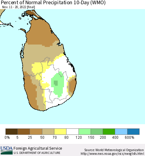 Sri Lanka Percent of Normal Precipitation 10-Day (WMO) Thematic Map For 11/11/2022 - 11/20/2022