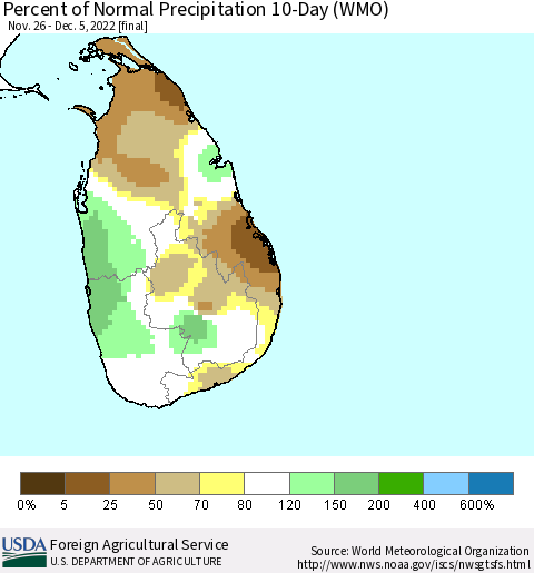 Sri Lanka Percent of Normal Precipitation 10-Day (WMO) Thematic Map For 11/26/2022 - 12/5/2022