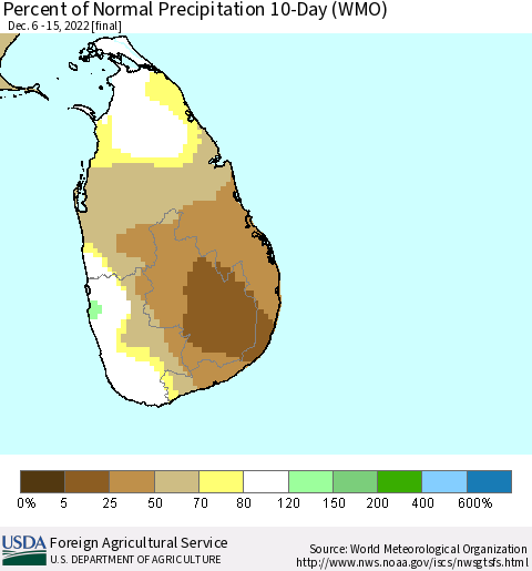 Sri Lanka Percent of Normal Precipitation 10-Day (WMO) Thematic Map For 12/6/2022 - 12/15/2022