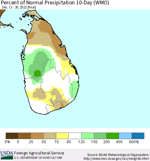 Sri Lanka Percent of Normal Precipitation 10-Day (WMO) Thematic Map For 12/11/2022 - 12/20/2022