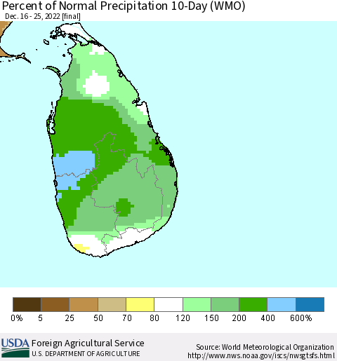 Sri Lanka Percent of Normal Precipitation 10-Day (WMO) Thematic Map For 12/16/2022 - 12/25/2022