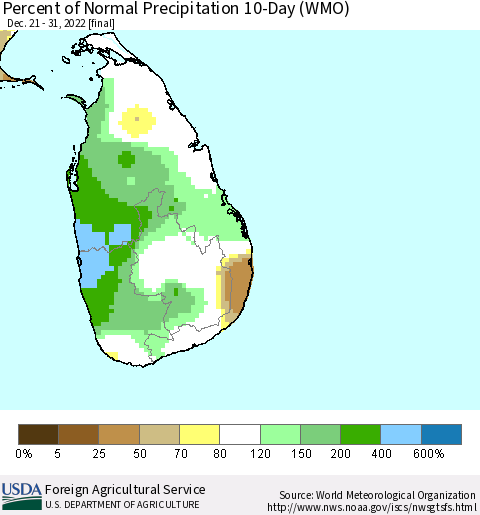 Sri Lanka Percent of Normal Precipitation 10-Day (WMO) Thematic Map For 12/21/2022 - 12/31/2022