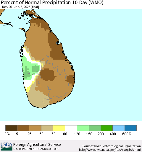 Sri Lanka Percent of Normal Precipitation 10-Day (WMO) Thematic Map For 12/26/2022 - 1/5/2023