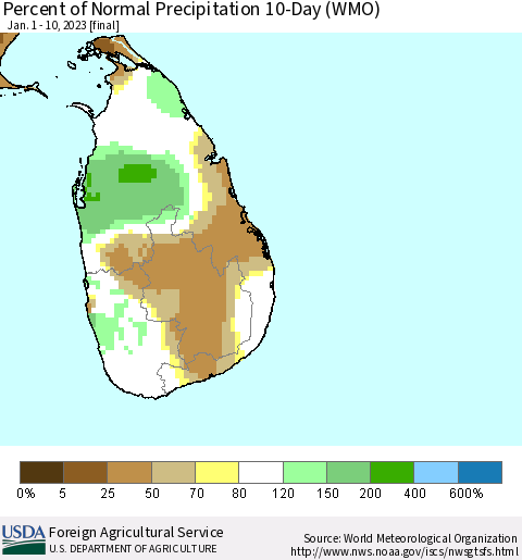 Sri Lanka Percent of Normal Precipitation 10-Day (WMO) Thematic Map For 1/1/2023 - 1/10/2023