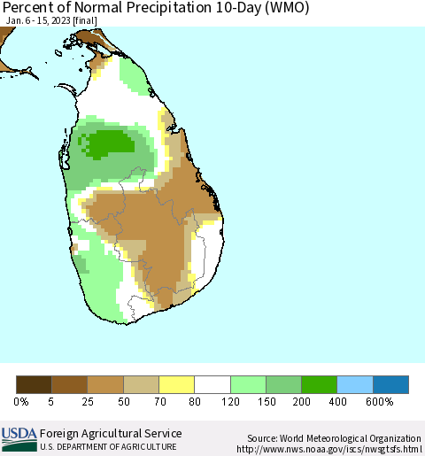 Sri Lanka Percent of Normal Precipitation 10-Day (WMO) Thematic Map For 1/6/2023 - 1/15/2023