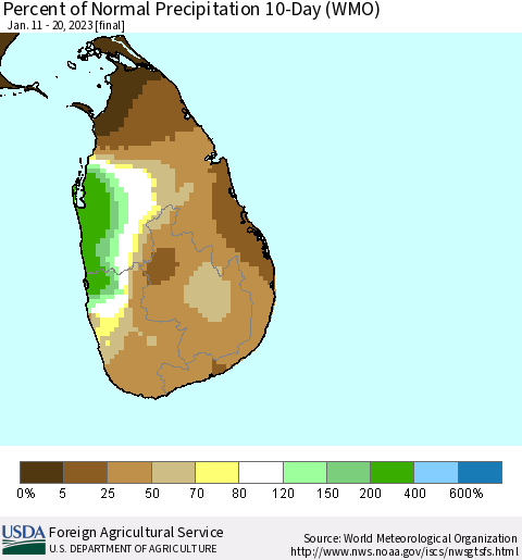 Sri Lanka Percent of Normal Precipitation 10-Day (WMO) Thematic Map For 1/11/2023 - 1/20/2023