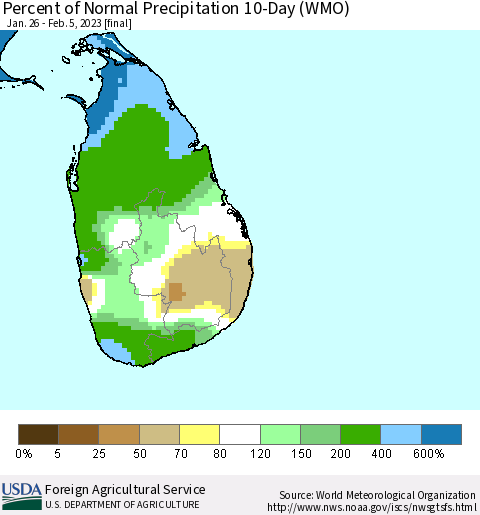 Sri Lanka Percent of Normal Precipitation 10-Day (WMO) Thematic Map For 1/26/2023 - 2/5/2023