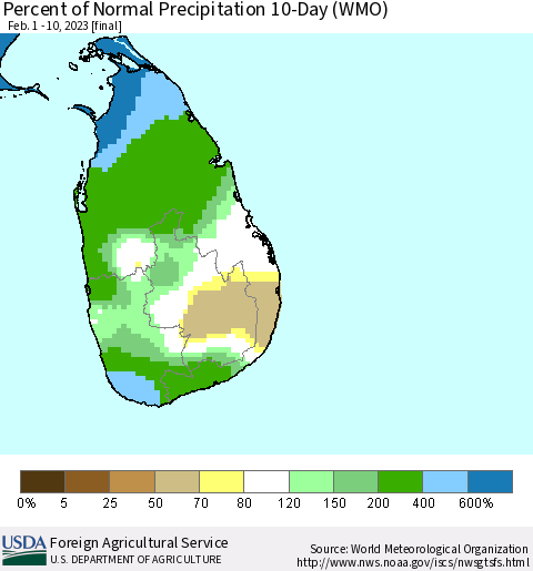 Sri Lanka Percent of Normal Precipitation 10-Day (WMO) Thematic Map For 2/1/2023 - 2/10/2023