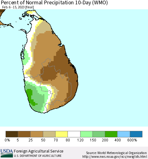 Sri Lanka Percent of Normal Precipitation 10-Day (WMO) Thematic Map For 2/6/2023 - 2/15/2023