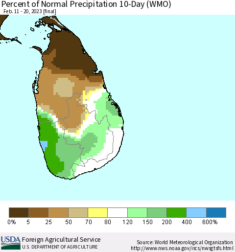 Sri Lanka Percent of Normal Precipitation 10-Day (WMO) Thematic Map For 2/11/2023 - 2/20/2023