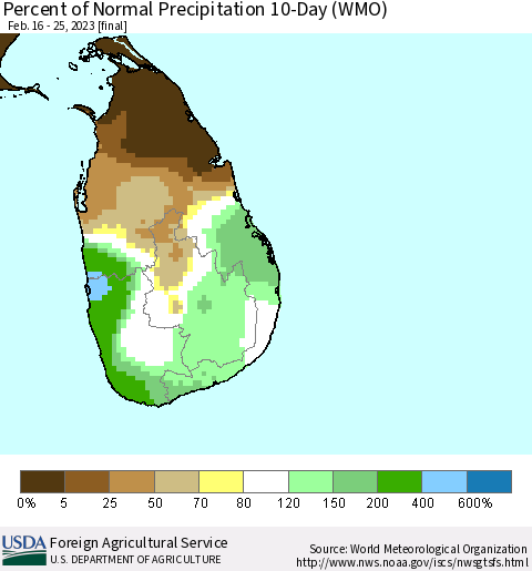 Sri Lanka Percent of Normal Precipitation 10-Day (WMO) Thematic Map For 2/16/2023 - 2/25/2023