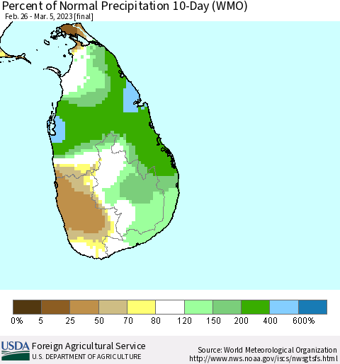 Sri Lanka Percent of Normal Precipitation 10-Day (WMO) Thematic Map For 2/26/2023 - 3/5/2023