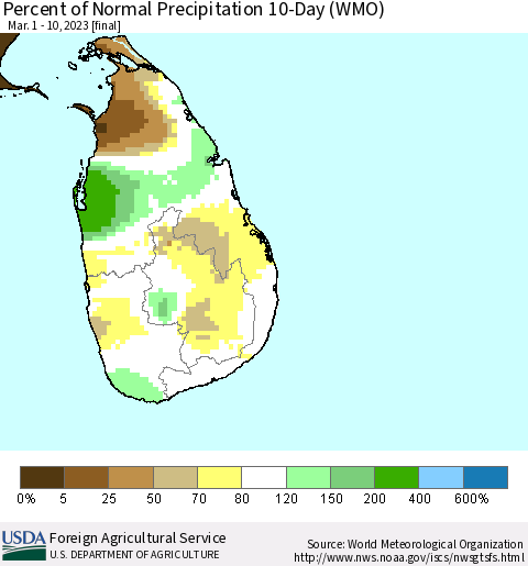 Sri Lanka Percent of Normal Precipitation 10-Day (WMO) Thematic Map For 3/1/2023 - 3/10/2023