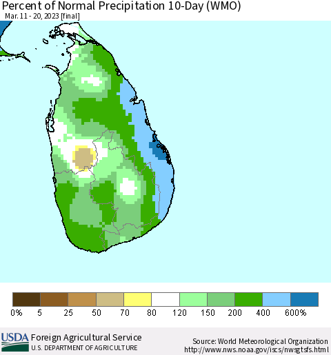 Sri Lanka Percent of Normal Precipitation 10-Day (WMO) Thematic Map For 3/11/2023 - 3/20/2023