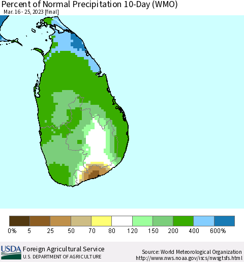 Sri Lanka Percent of Normal Precipitation 10-Day (WMO) Thematic Map For 3/16/2023 - 3/25/2023