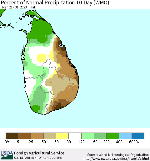 Sri Lanka Percent of Normal Precipitation 10-Day (WMO) Thematic Map For 3/21/2023 - 3/31/2023