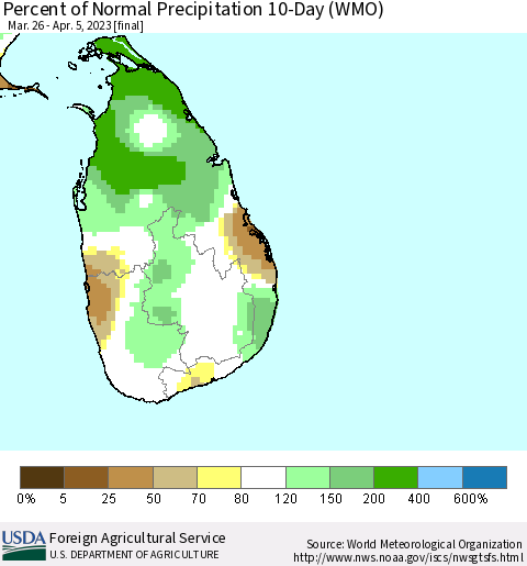 Sri Lanka Percent of Normal Precipitation 10-Day (WMO) Thematic Map For 3/26/2023 - 4/5/2023