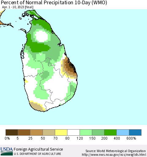 Sri Lanka Percent of Normal Precipitation 10-Day (WMO) Thematic Map For 4/1/2023 - 4/10/2023