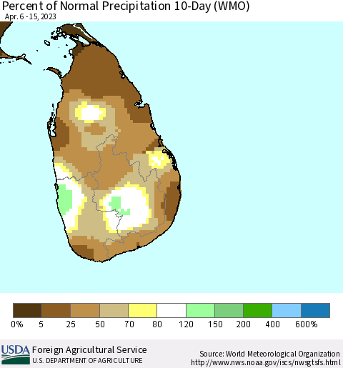 Sri Lanka Percent of Normal Precipitation 10-Day (WMO) Thematic Map For 4/6/2023 - 4/15/2023