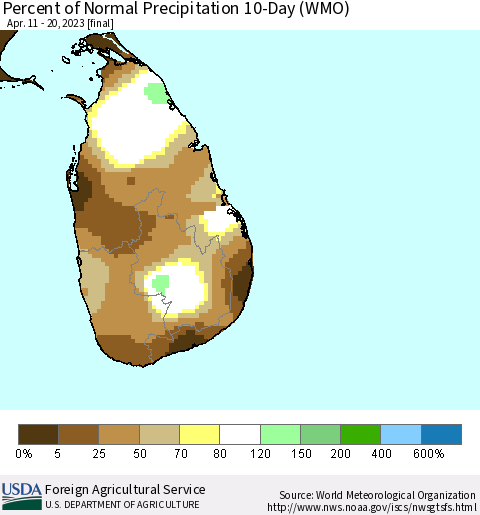 Sri Lanka Percent of Normal Precipitation 10-Day (WMO) Thematic Map For 4/11/2023 - 4/20/2023