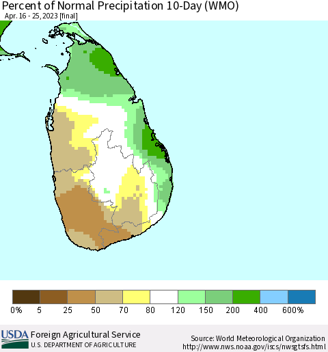 Sri Lanka Percent of Normal Precipitation 10-Day (WMO) Thematic Map For 4/16/2023 - 4/25/2023