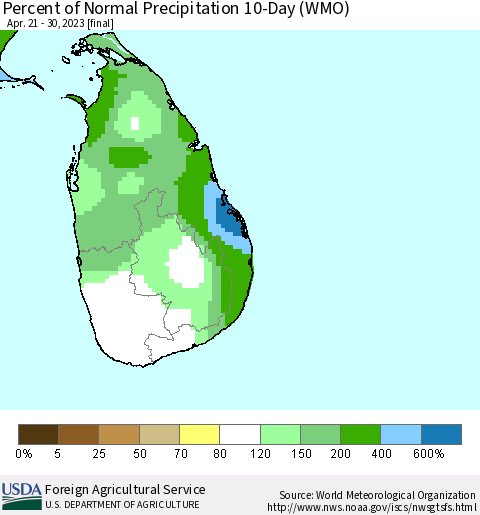Sri Lanka Percent of Normal Precipitation 10-Day (WMO) Thematic Map For 4/21/2023 - 4/30/2023