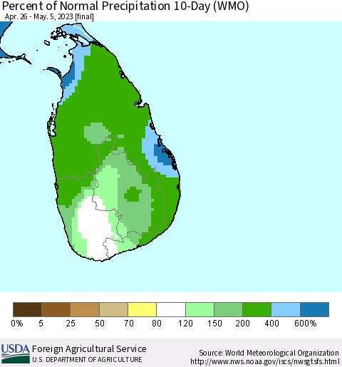 Sri Lanka Percent of Normal Precipitation 10-Day (WMO) Thematic Map For 4/26/2023 - 5/5/2023