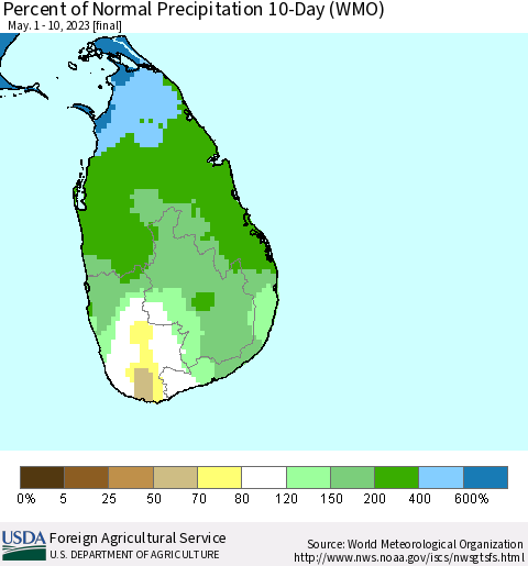 Sri Lanka Percent of Normal Precipitation 10-Day (WMO) Thematic Map For 5/1/2023 - 5/10/2023