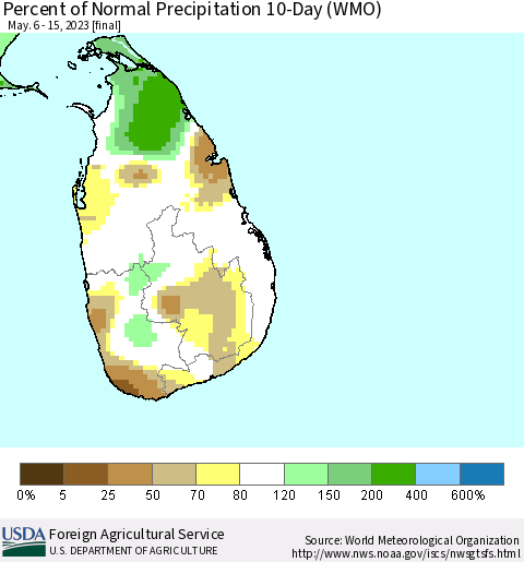 Sri Lanka Percent of Normal Precipitation 10-Day (WMO) Thematic Map For 5/6/2023 - 5/15/2023