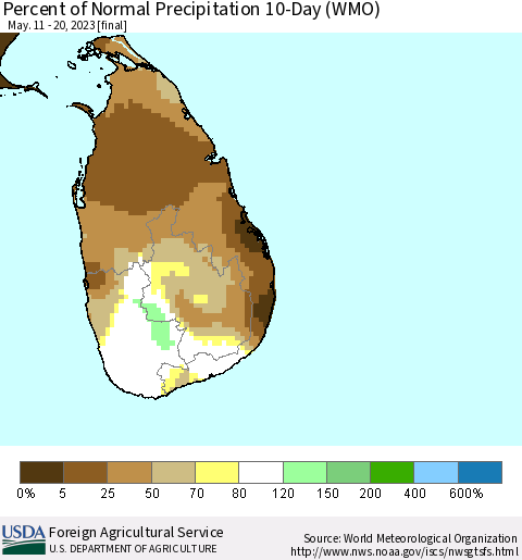 Sri Lanka Percent of Normal Precipitation 10-Day (WMO) Thematic Map For 5/11/2023 - 5/20/2023