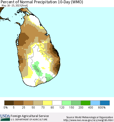 Sri Lanka Percent of Normal Precipitation 10-Day (WMO) Thematic Map For 5/16/2023 - 5/25/2023
