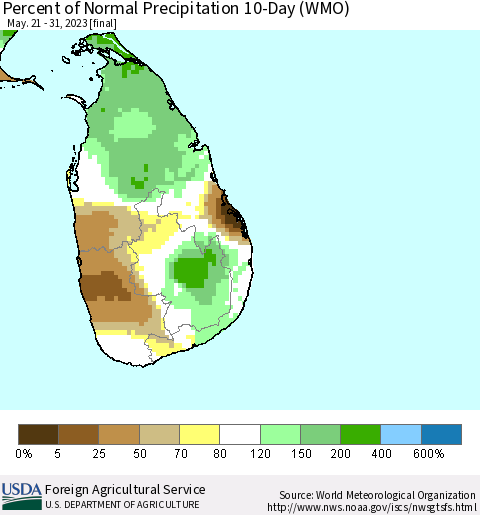 Sri Lanka Percent of Normal Precipitation 10-Day (WMO) Thematic Map For 5/21/2023 - 5/31/2023