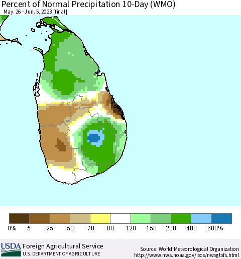 Sri Lanka Percent of Normal Precipitation 10-Day (WMO) Thematic Map For 5/26/2023 - 6/5/2023