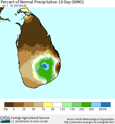 Sri Lanka Percent of Normal Precipitation 10-Day (WMO) Thematic Map For 6/1/2023 - 6/10/2023