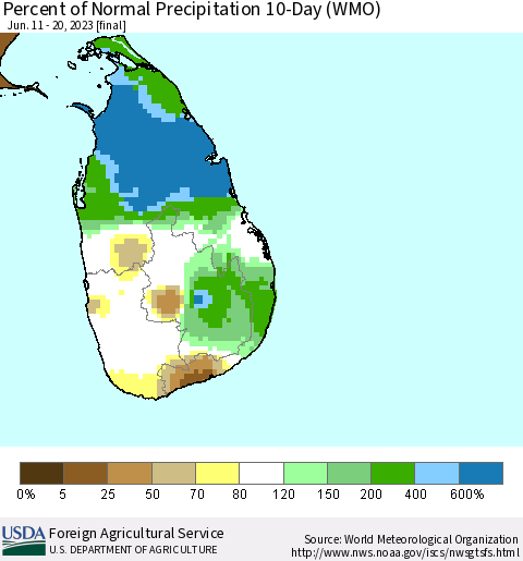 Sri Lanka Percent of Normal Precipitation 10-Day (WMO) Thematic Map For 6/11/2023 - 6/20/2023